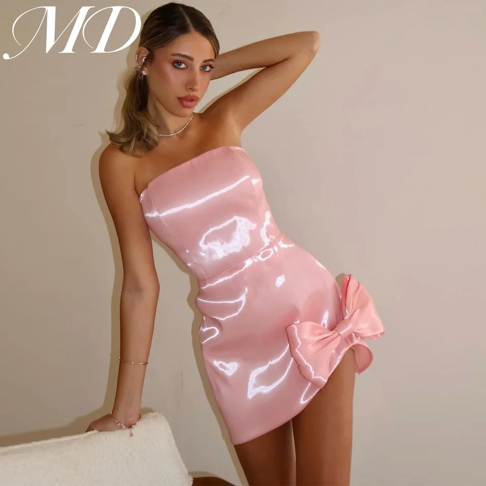 

MD Новое современное розовое блестящее мини-платье для выпускного вечера без бретелек с бантом без рукавов, коктейльное платье с корсетом, платье на день рождения по индивидуальному заказу 2025
