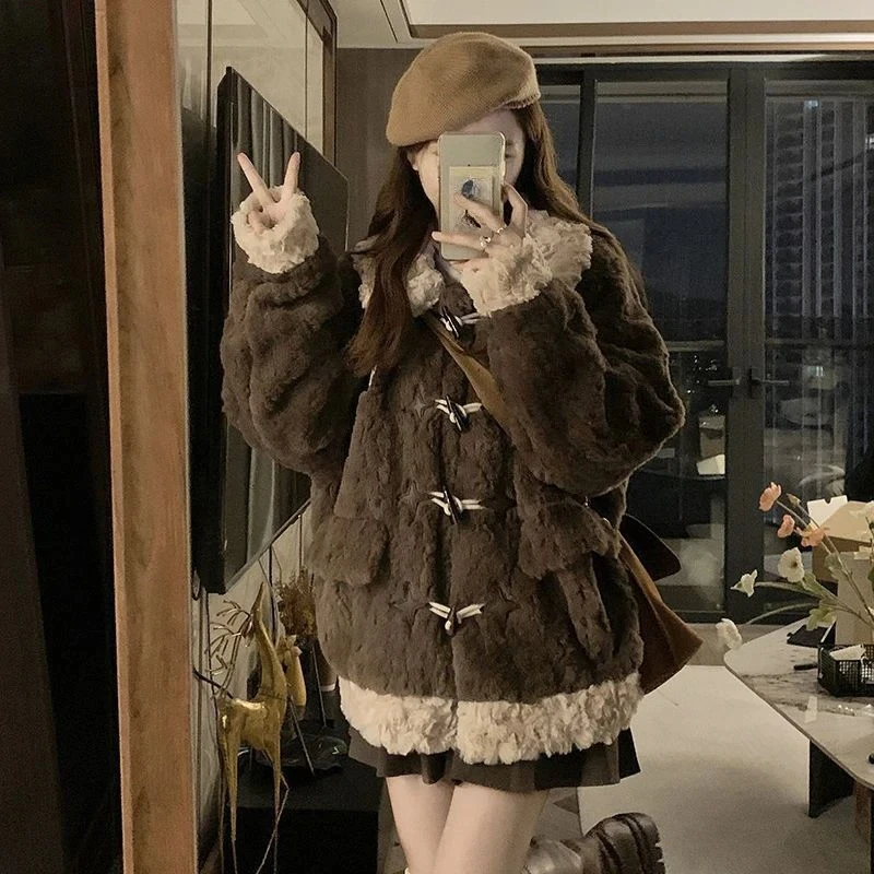 2000s Vintage Elegant Coat Women Winter Thick Warm Faux Wool Loose Jacket Y2K Streetwear Patchwork Casual Hotsweet Outwear New