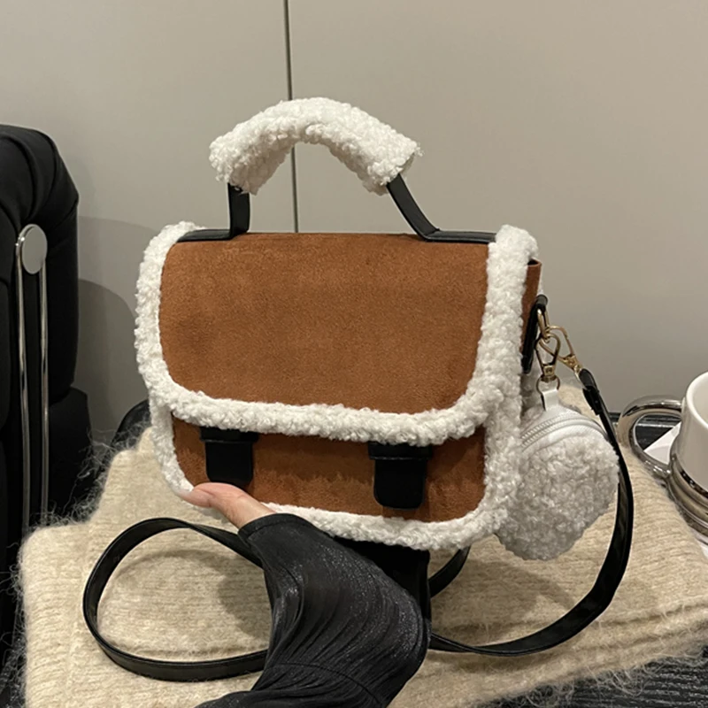 

Small Square Bag Ladies Winter Purse Phone Bag Women Japan Style Flap Suede Leather Messenger Bag Designer Luxury Fur Handbag