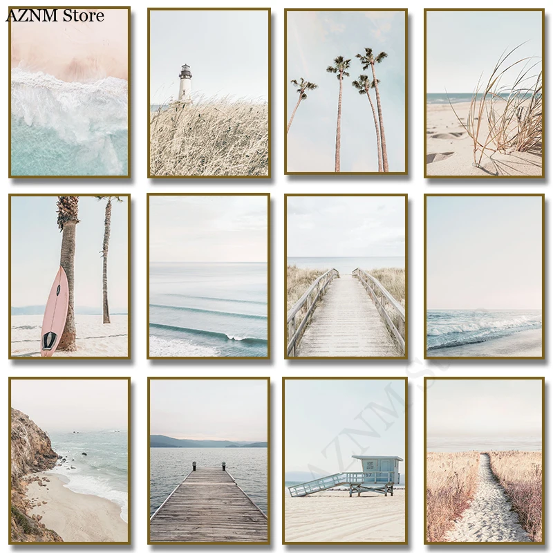 Paseo de playa Neutral, tabla de surf, ola de mar mínima, palma, póster costero suave, lienzo, pintura impresa, imagen de pared, decoración del hogar para habitación