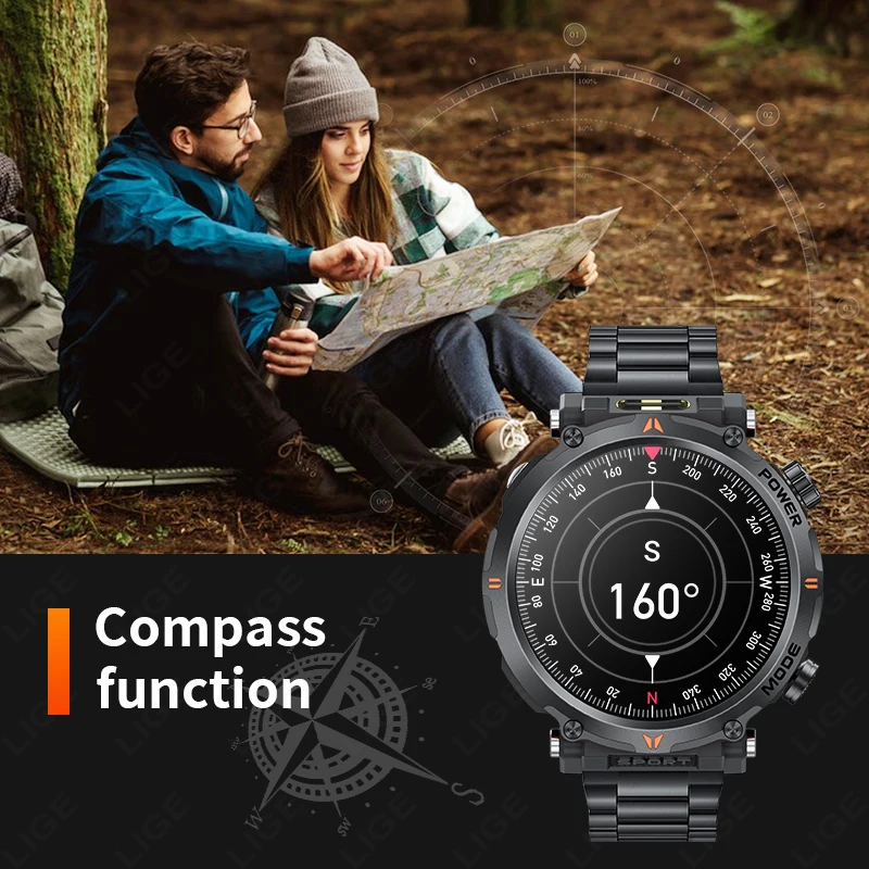 LIGE 2024 New Men Smart Watch UV Flashlight 600mAh Large Battery Compass Outdoor Waterproof Sport Watch Wireless Call Smartwatch