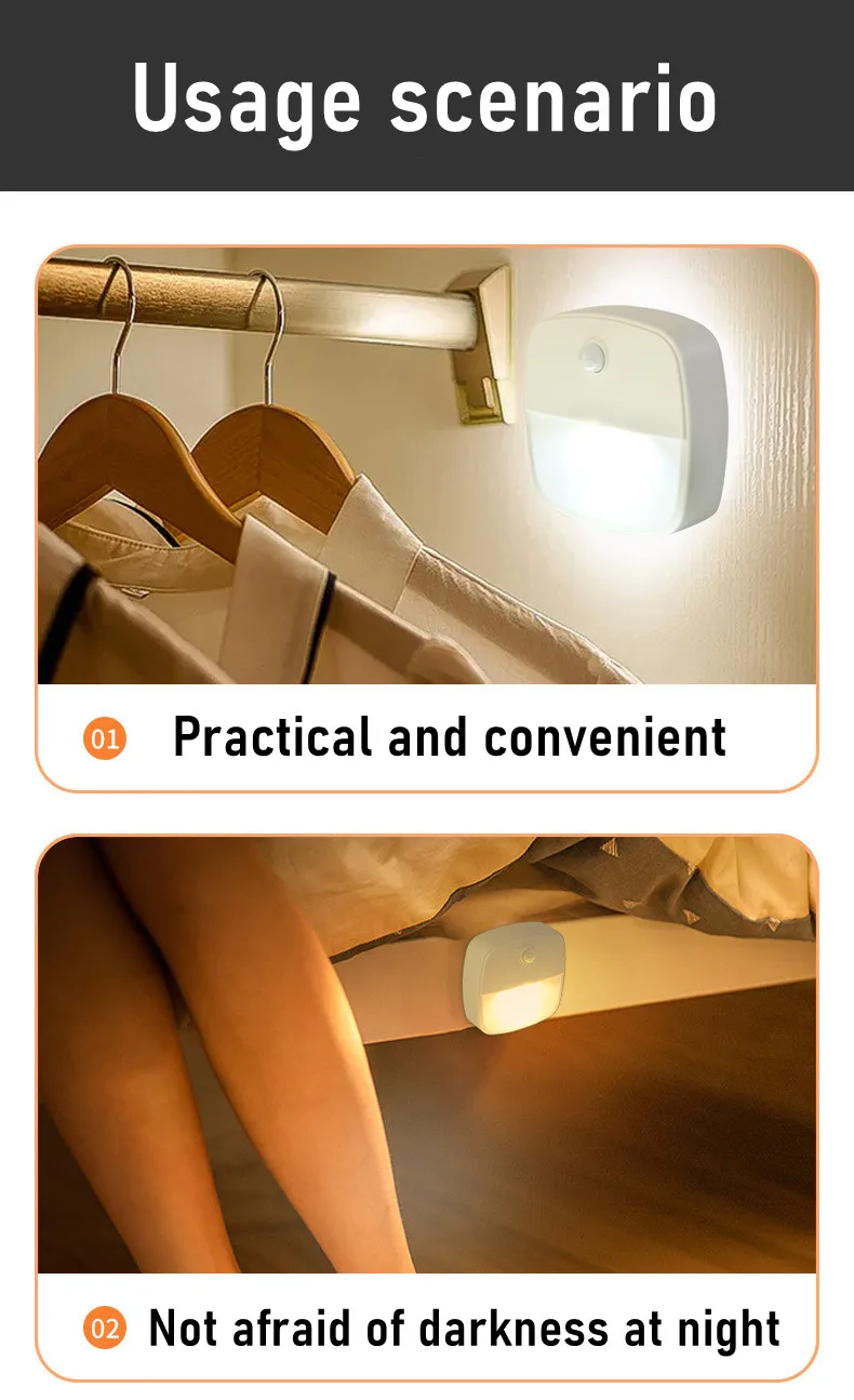 2Pcs Motion Sensor Light Wireless LED Night Lights AAA Battery Powered Bedroom Wall Staircase Closet Aisle Body Induction Lights