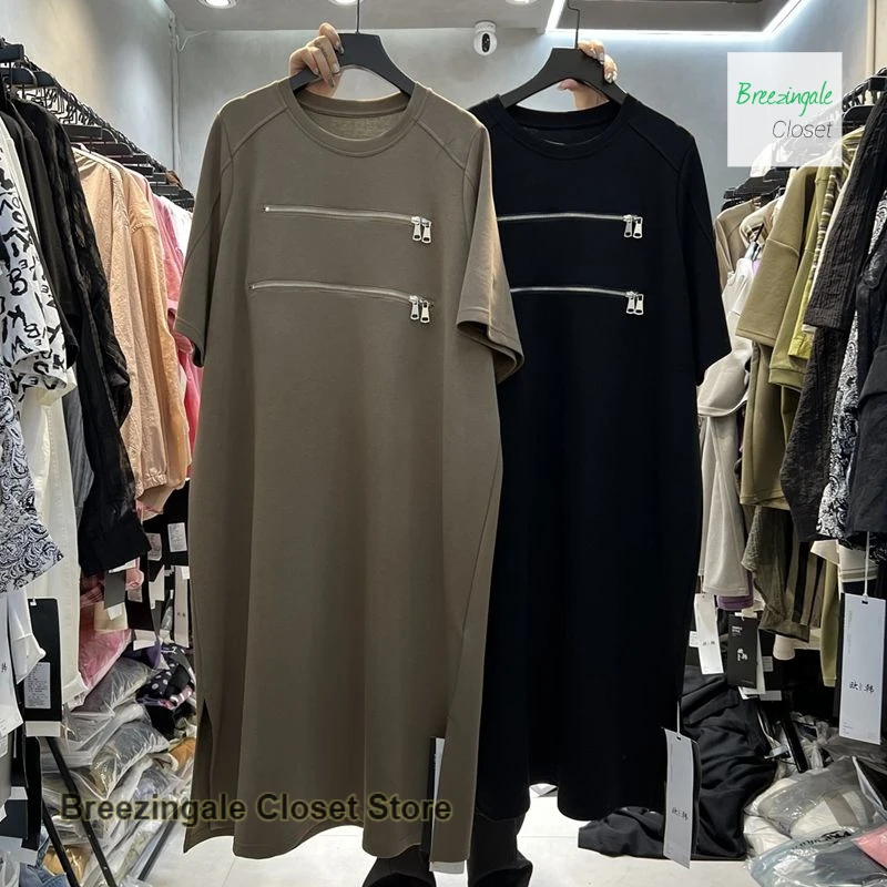 韓国風ファッション無地ダブルジッパーラウンドネック半袖Tシャツロングスカート女性夏新作ゆったりカジュアルワンピース