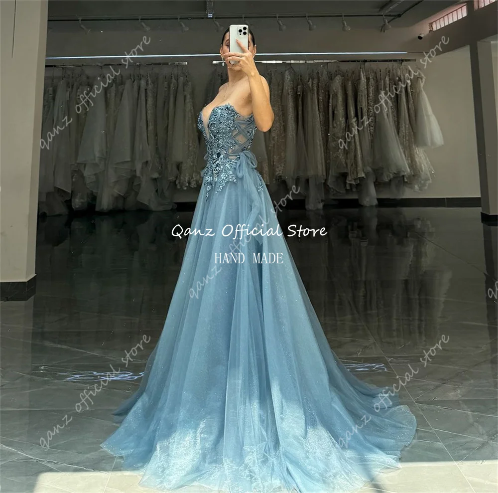 Qanz Glitter Dirty Blue Evening Dresses Detachable Puff Sleeves Appliques Tulle Party Dresses Bespoke Wedding Dress Customized