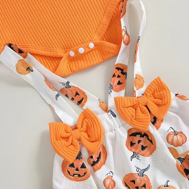 Baby Clothing Girl Long Sleeve Romper with Pumpkin Print Overall Shorts Headband Newborn Halloween Clothes