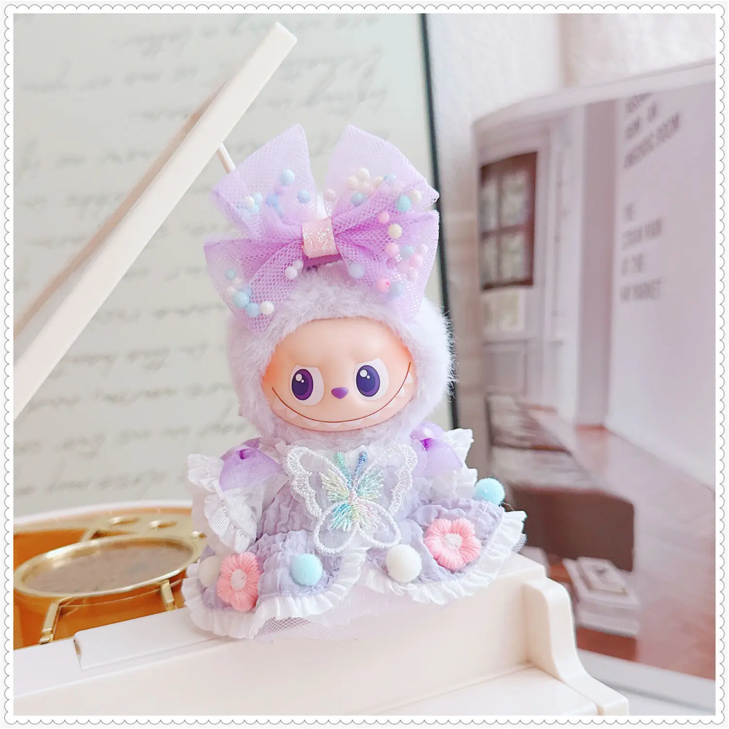 10-17 Cm Kawaii Labubu Kleding Leuke Prachtige Paarse Strik Jurk Set Pluche Pop Kleding Accessoires Speelgoed Anime spel Periferie