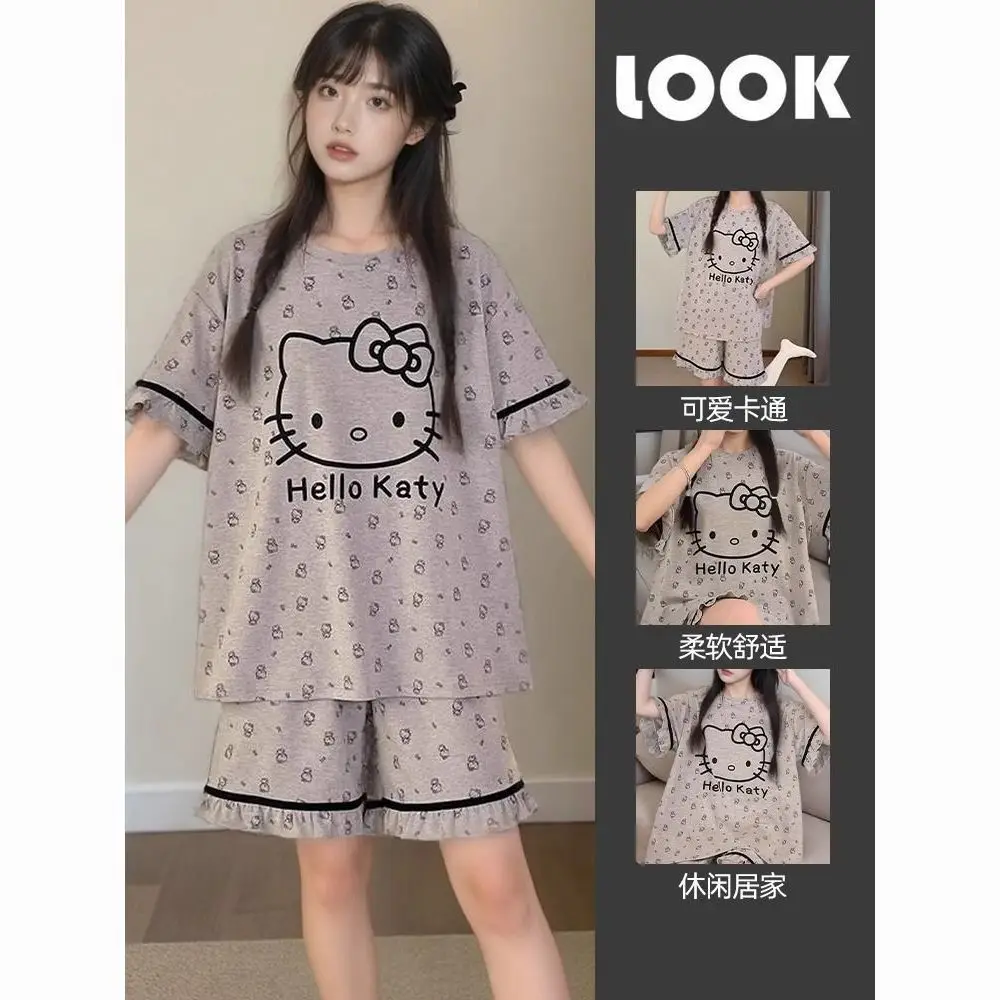 

Sanrio Hello Kitty Pajamas for Women Spring Animal Cartoon Cute Short-Sleeved Home Clothes Set Girl Sleepwear Birthday Gifts