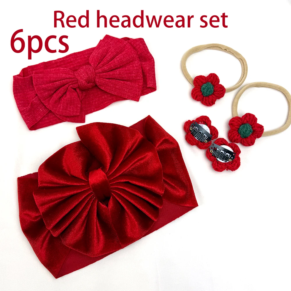 

Red Headbands Set Baby Girls Hair Accessories Set Newborn Velvet Bow Headband Turban Crochet Puff Flower Kids Xms Nylon Headwrap