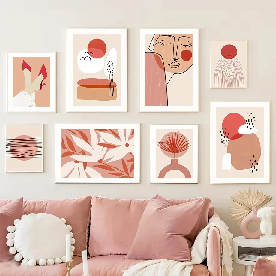 بوهو مجردة الرسم على لوحات القماش الجدارية الأحمر عالية الكعب فتاة خط الوجه أوراق النخيل الهندسة غرفة المعيشة الديكور الملصقات يطبع #2