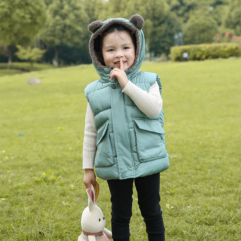 RAISE Winter Children Warm Waistcoat Bear Hooded 1-6Yrs Baby Boys Sleevelss Outerwear Coat Fleece Thicken Toddler Boys Jackets