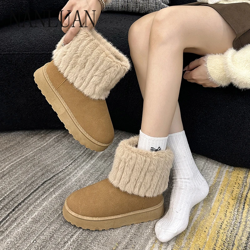 

2024 Boutique Winter Cotton Warm Snow Boots Fashionable Short Women's Boots Comfortable Thick Sole Solid Color Women's Shoes