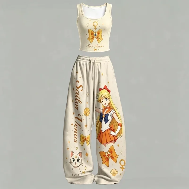 Men/Women Sailor Moon 2 Piece Outfits Tank Top Wide Leg Pants Sets Anime Print Vest Trousers Y2K Streetwear Matching Tracksuit view 6