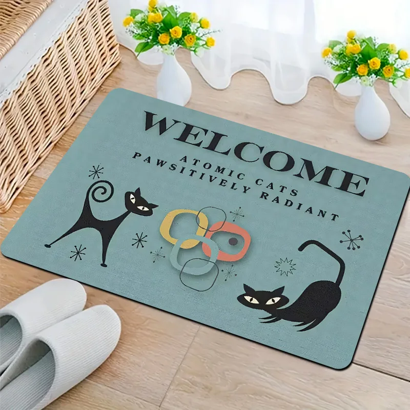 Funny Cat Door Mat, Welcome & Atomic Paws Pattern, Retro Blue Entrance Rug, Non-slip Floor Mat, Pet Lover Home Decor