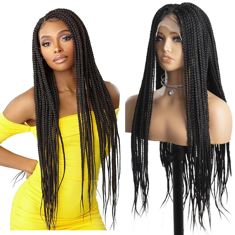 African Braids Wigs 13X4 Lace Front Braids Wig With Baby Hair Synthetic Wigs 34 Inches Black Knotless Box Braids Wig For Women