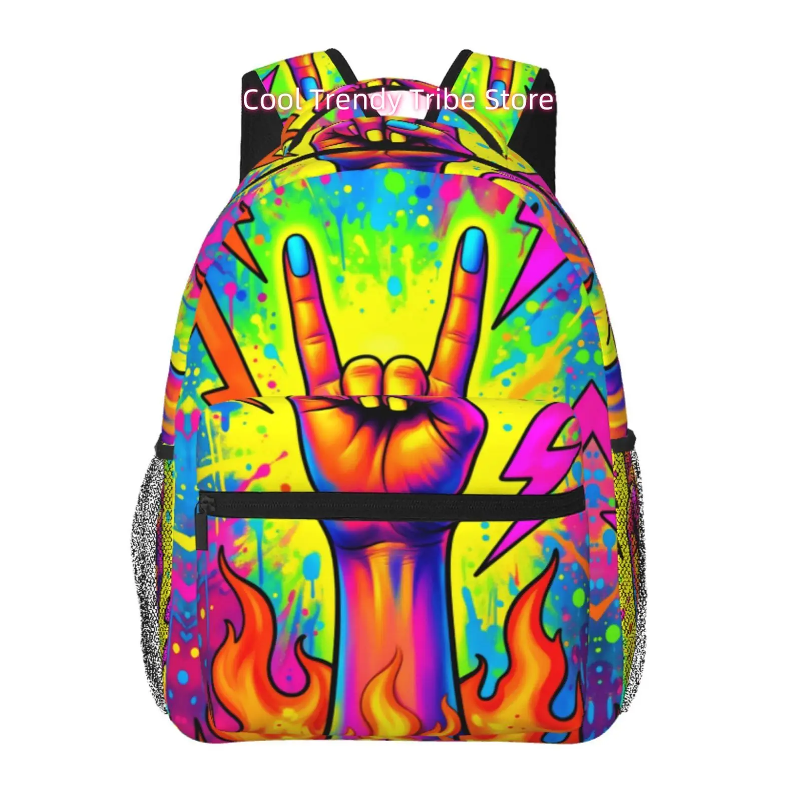 Neon Rock On Hand Sign & Flame Print Backpack with Adjustable Straps, High Quality Oxford Cloth Suitable for Commuting,, Travel,