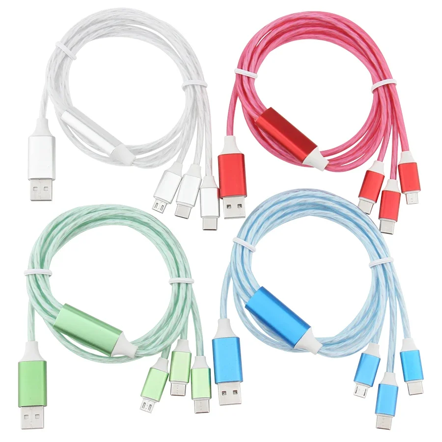 1000pcs Streamer Charge Cable For iPhone Samsung 3 in 1 Type-C Micro USB Fast Charger Wire Cord for Huawei Xiaomi Smart Phone