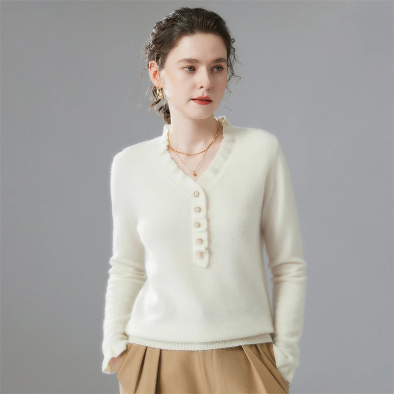 

Effortless Lounge 35% Cashmere Sweater, Women's Lightweight Ruffled V-Neck Pullover, Relaxed Chic