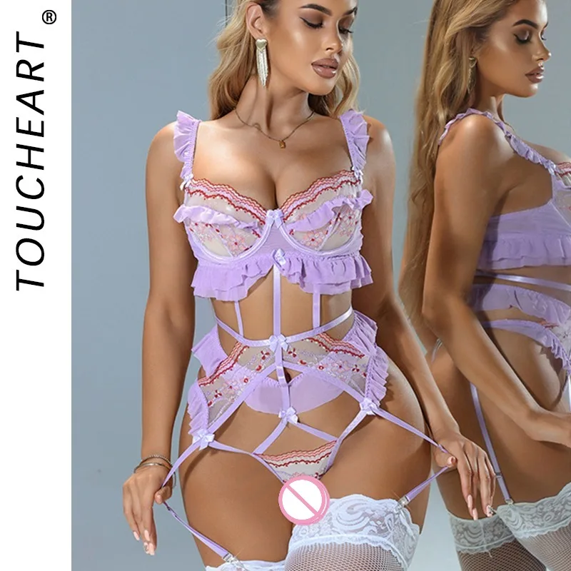 

Toucheart Erotic Lingerie Open Crotch with Stockings Mesh Hollowout Straps Patchwork Girl Gather Together Seductive Romantic Set