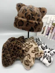 Korean Winter Imitation Fur Bucket Hat For Women Fashion Leopard Print Fisherman Hats Thichen Warm Plush Outdoor Cute Basin Cap