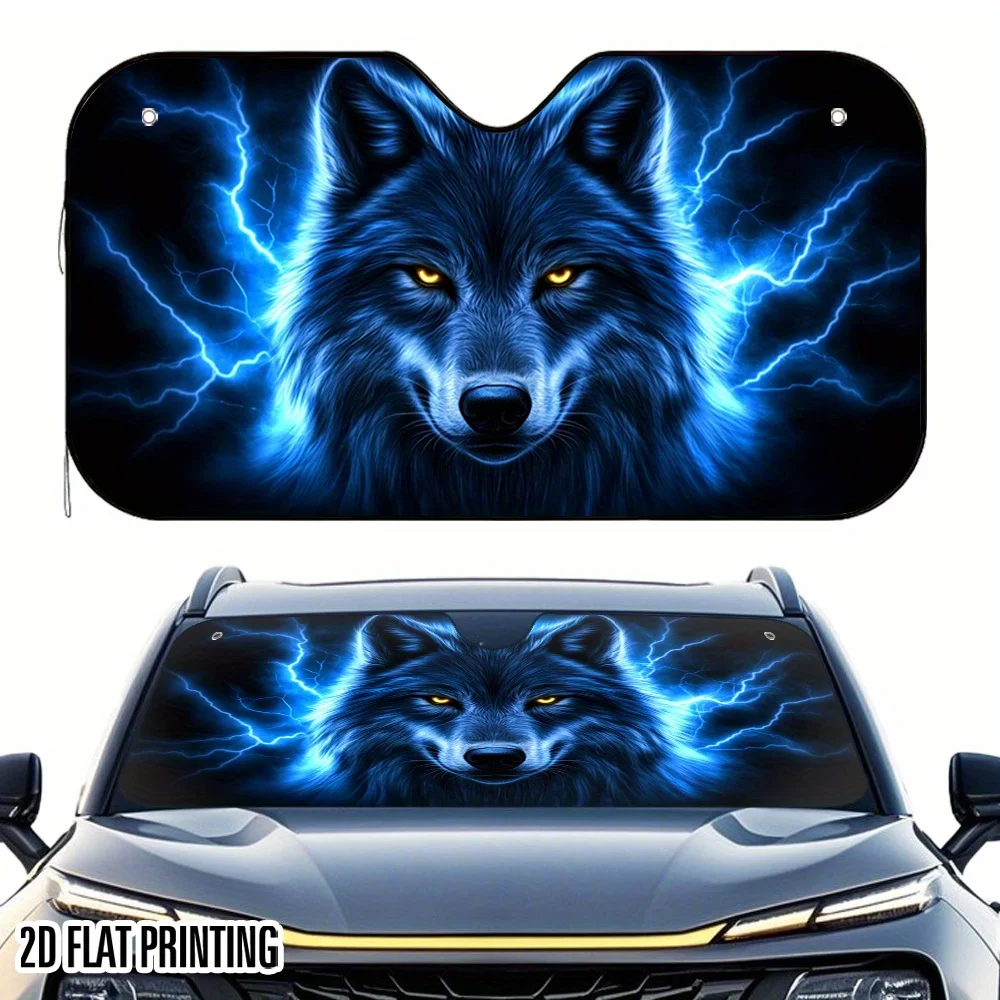 1pc 2D Flat Thunder Wolf Print Sunshade – Stylish & Foldable, Keeps Your Vehicle Cool, Easy Install With 4 Suction Cups, Space