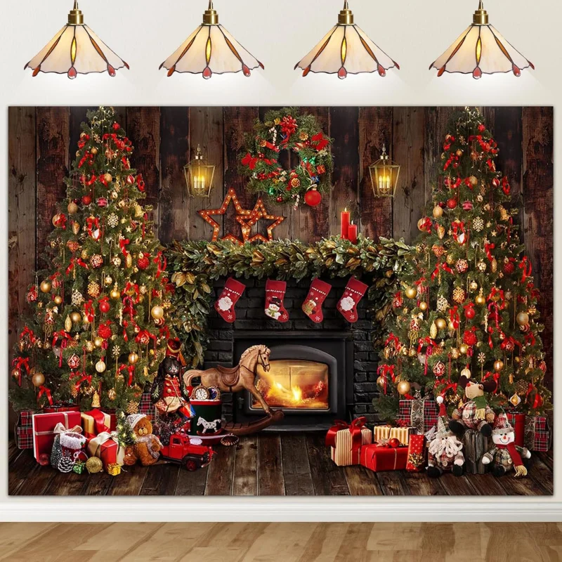 

Christmas photography background, rural fireplace tapestry, holiday gifts, decorations