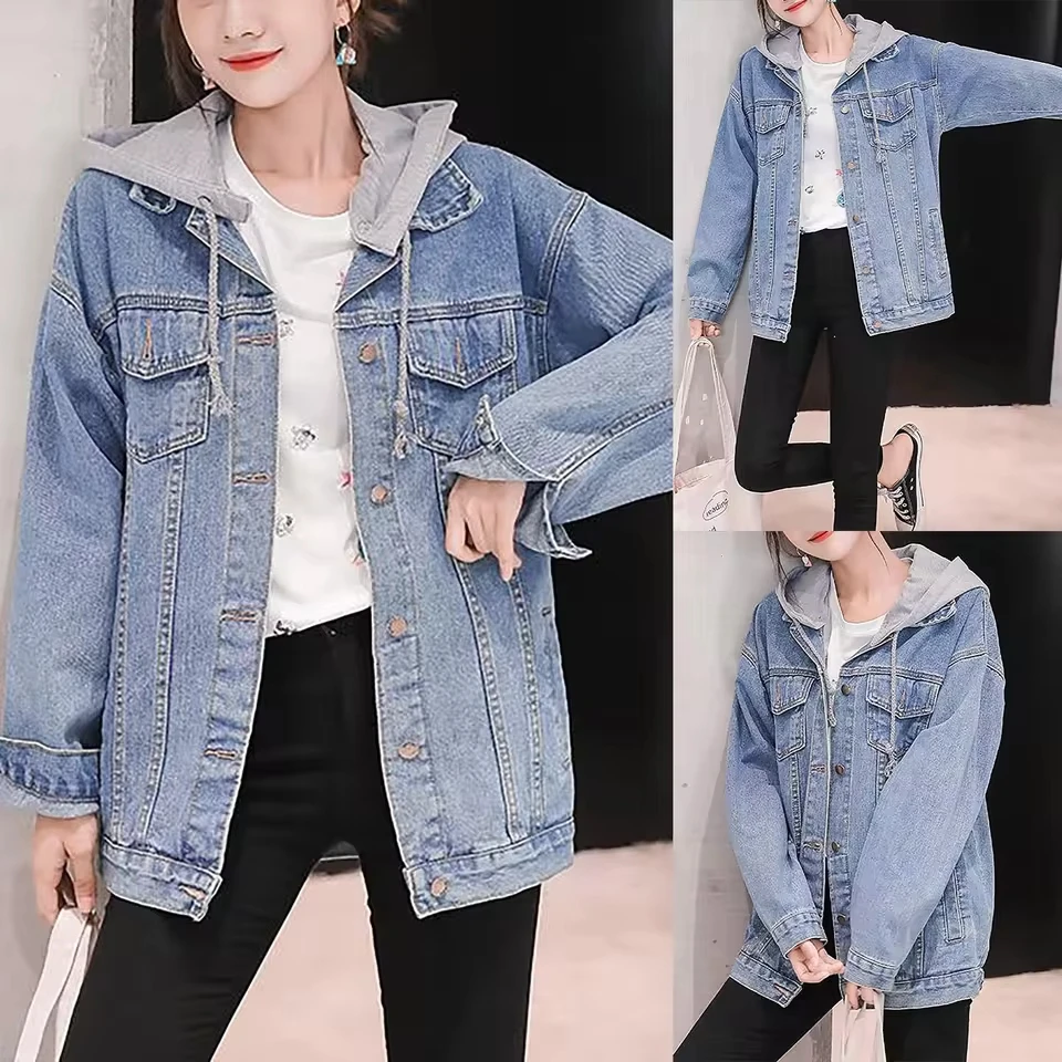 Women'S Oversized Loose Boyfriend Denim Single Breasted Patchwork Hooded Jean College s Women'S
