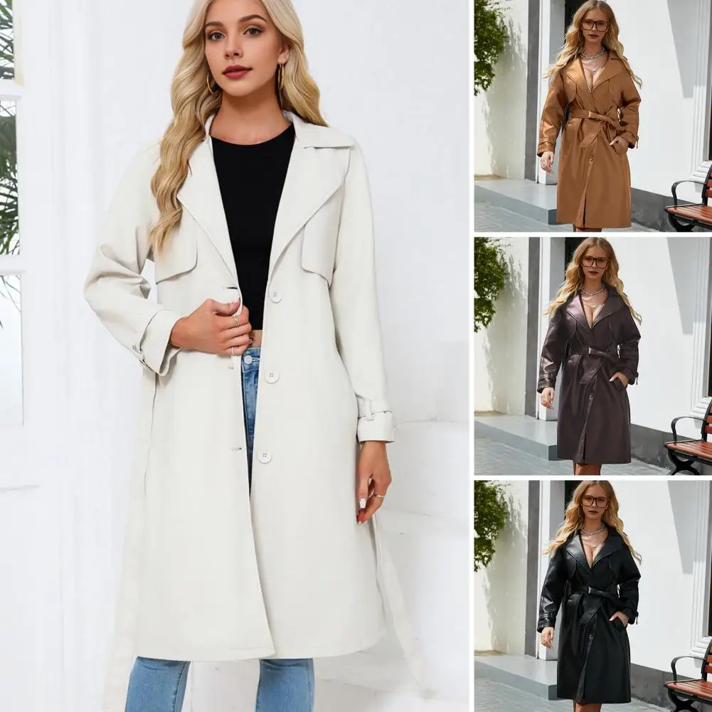 Veste en similicuir avec ceinture à lacets pour femme, manteau chic mi-long, col rabattu, taille, automne