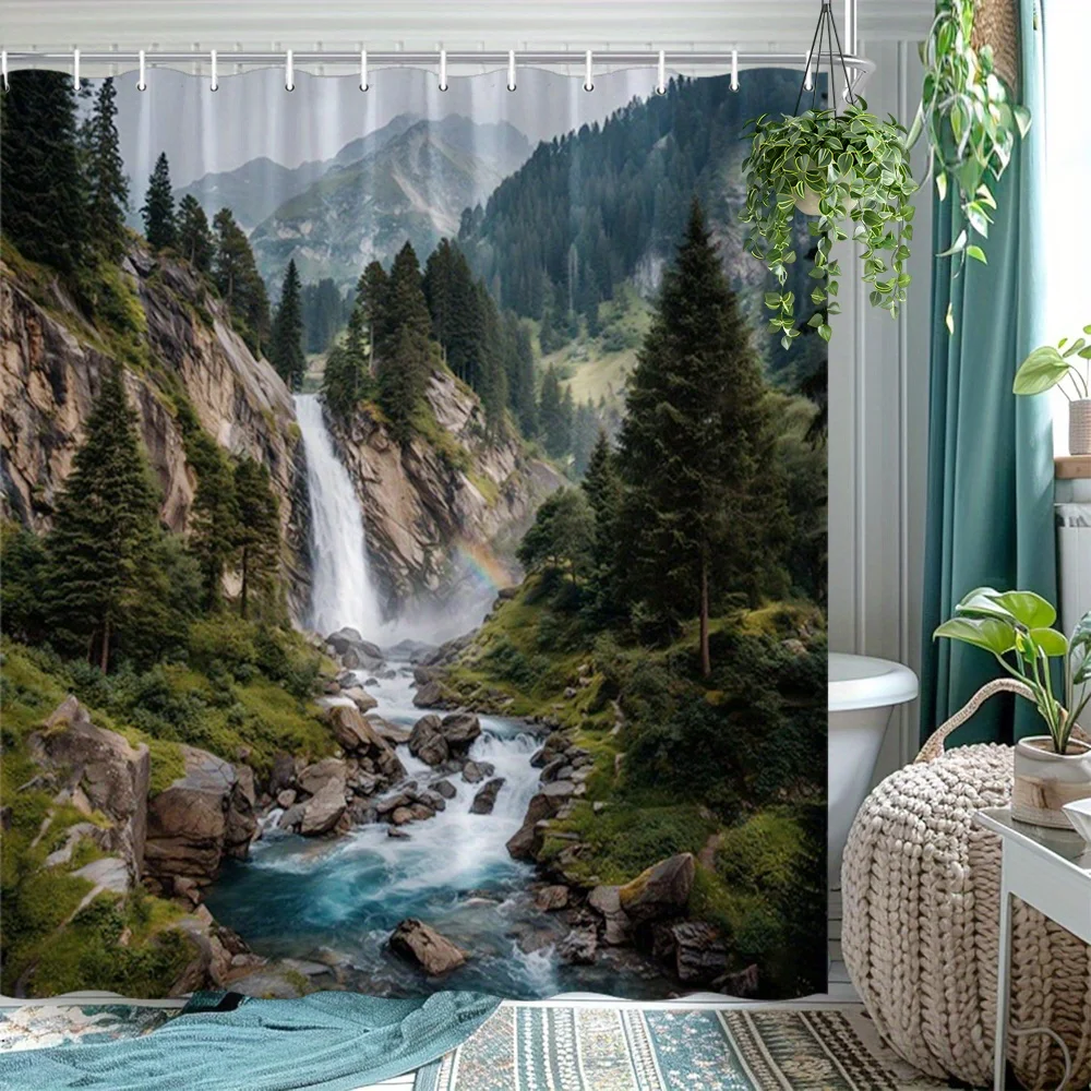 

Waterfall Shower Curtain – Mountain, River, Pine Trees, Rainbow, 2D Flat Print, Polyester, Grommet Top, 71x71 inch