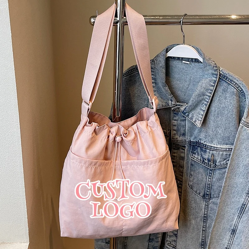 Custom Logo Drawstring Tote Bag Large Capacity Nylon Shoulder Lightweight Water-resistant Casual Crossbody Bag with Front Pocket