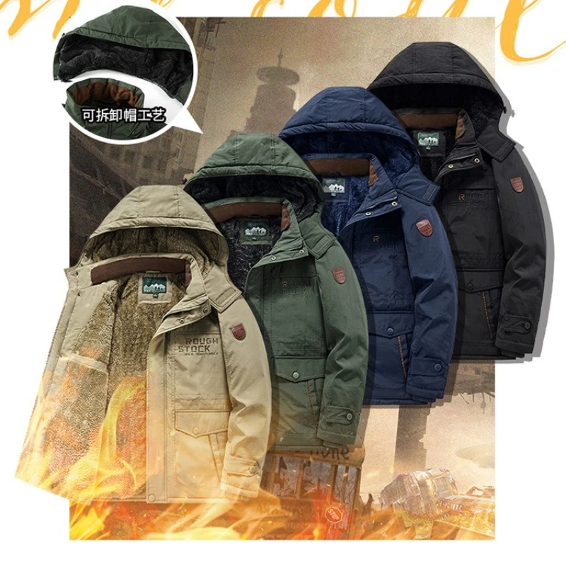 Khaki Casual Workwear Hooded Fleece-Lined Thickened Winter Jacket for Men,ArmyGreenWindproof Waterproof Outdoor Warm Men's Coat