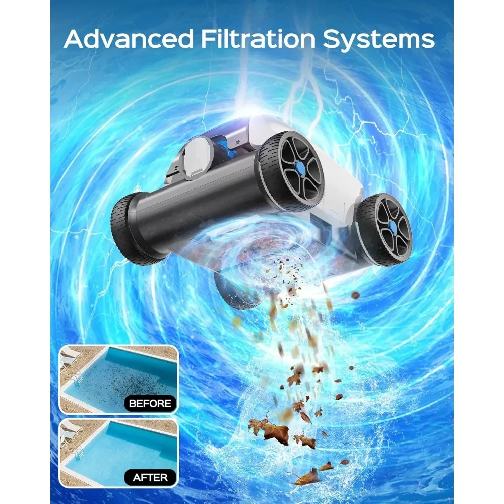Sophisticated Robotic Pool Vacuum Cleaner, Dual Strong Suction Port, 130min Runtime, Cordless Pool Cleaner, World's First Smart