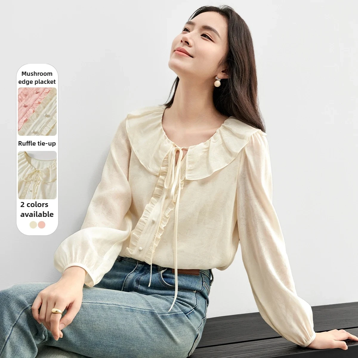 SENTUBILA 여성용 러플 프린트 셔츠 2025 가을 신상 타이 디테일 라운드 넥 블라우스 솔리드 출퇴근 퍼프 슬리브 의류 151C57894