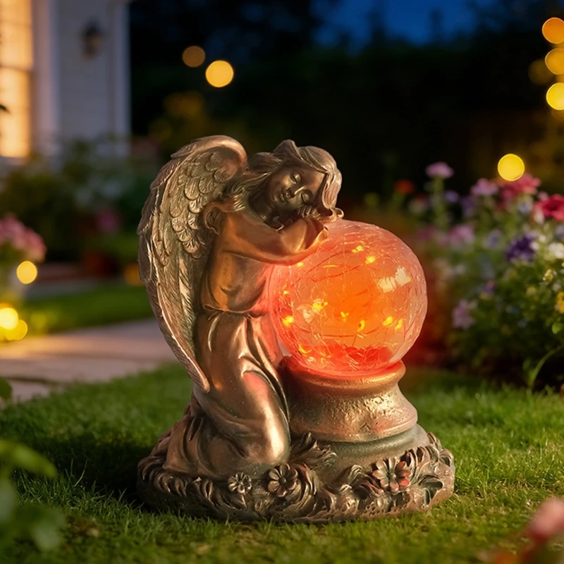 Solar Angel Garden Statue Lamp Resin Outdoor Decor with Crackle Rechargeable Battery for Porch Patio Yard 87HA
