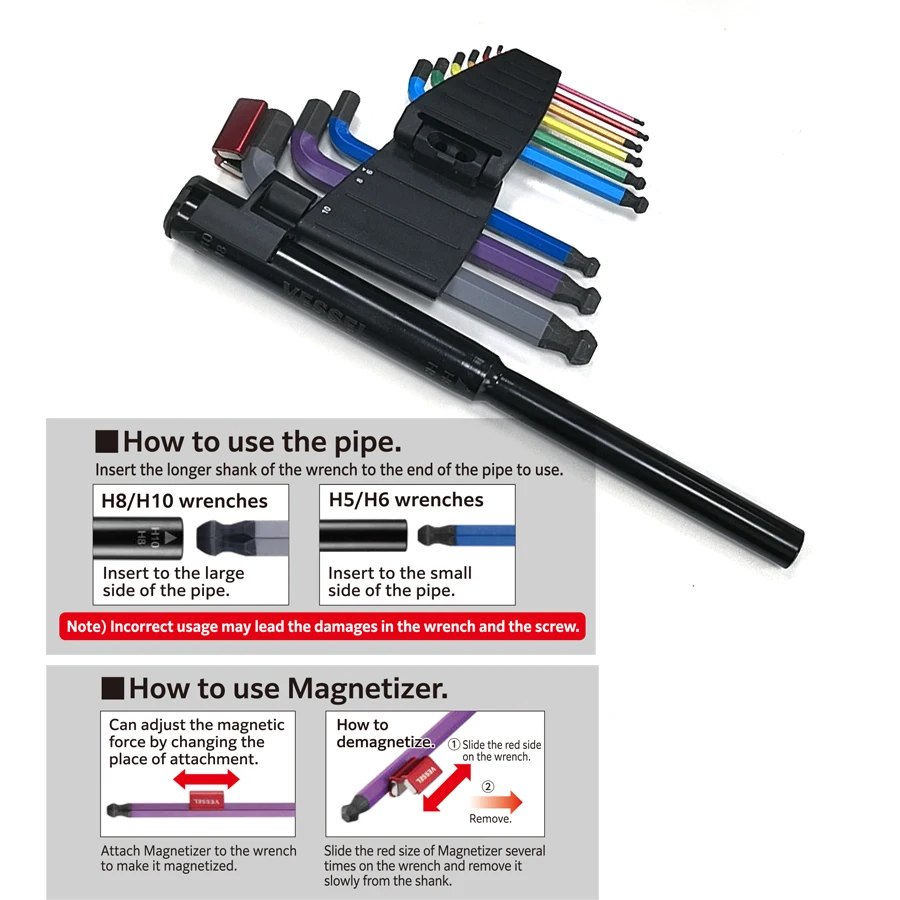 VESSEL Color Folding Hex Key Set w/Lever & Magnetizer Short/Long/Extra Long Portable Compact for Home Use 8209SB
