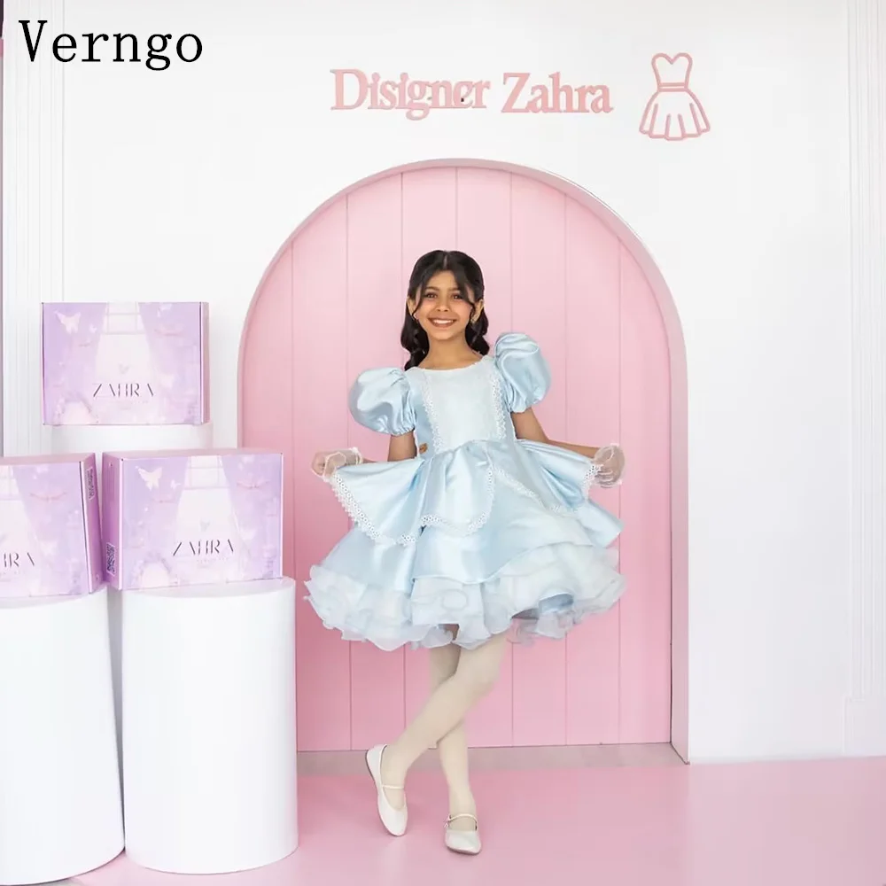 

Verngo Blue Satin Mini Kid Birthday Party Dress O Neck Short Sleeves Girl Flowers Dress Princess Party Gown Customized