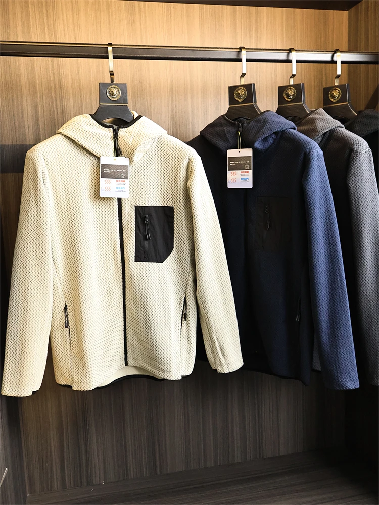 

Thickened Fleece Outdoor Hooded Jacket for Men Wave Pattern Standard Fit Fashion Urban Style Warm Lightweight Autumn Winter Coat