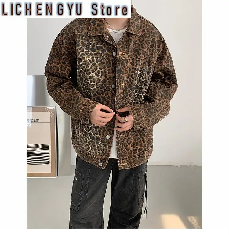 

Men's Vintage Leopard Print Denim Jackets Autumn Fashion Lapel Collar Zipper Jacket Coat Holiday Jackets Streetwear