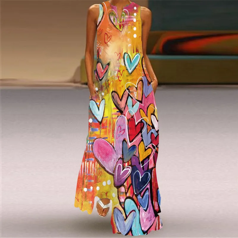 Casual Love Boho Dress 2024 New Popular Elegant White Background Colorful Butterfly Print Dress Loose Sleeveless Beach Dresses