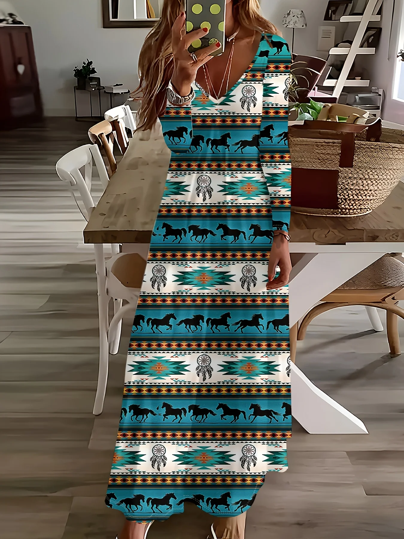 Printed Design Casual Style Horses And Dreamcatcher Tribal Print Women's Dress