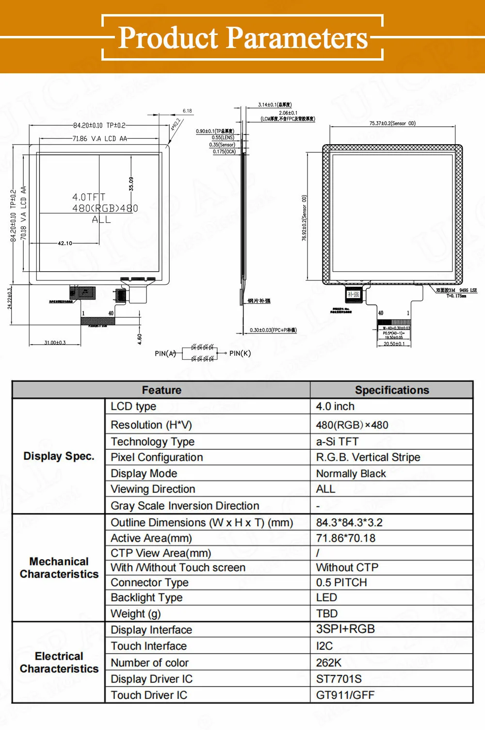 4,0 Zoll TFT LCD Displaymodul Quadratisch 480*480 3WSPI RGB 18Bit 40Pin 3,3V ST7701S mit Touch GT911 HDMI Treiberplatine – Detail 2