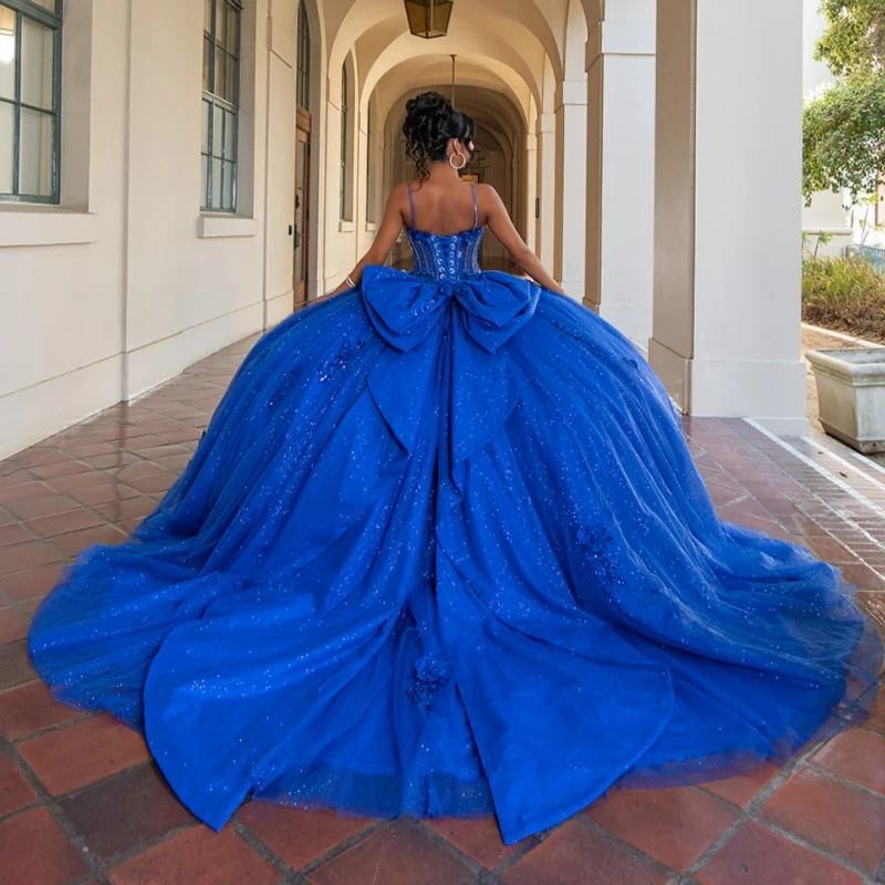 الأزرق الملكي لامعة الأميرة السباغيتي حزام الحلو 16 فستان فساتين Quinceanera زين الدانتيل الخرز مشد القوس تول حفلة عيد ميلاد