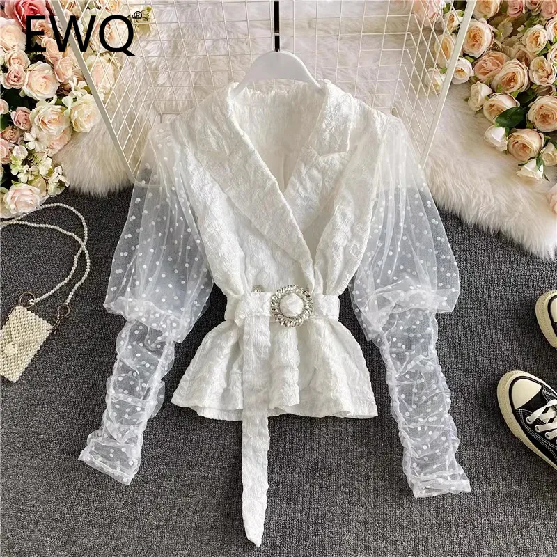 EWQ Fashion Mesh Belt Design Blouse For Women Lapel Collar Gathered Wais Long Sleeve Solid Top Clothing 2024 Summer New 27C871