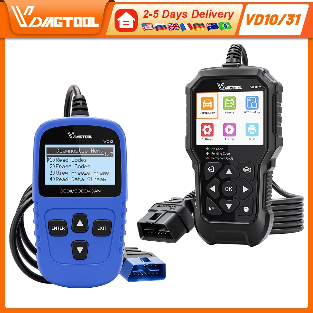 VDIAGTOOL VD10/30PRO BD2 Car OBDII Scanner Car Diagnostic Tools 8 Languages Read Erase Code Live Data Freeze Frame EOBD CAN