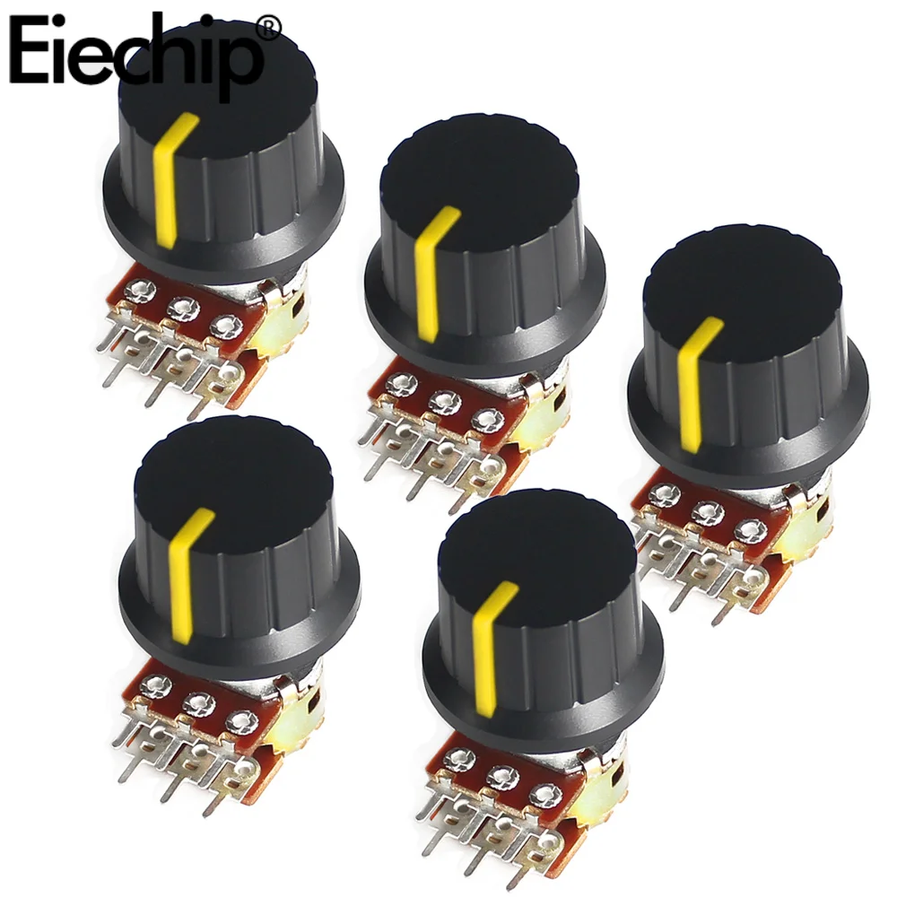 5Set 15mm 6pin WH148 Linear Potentiometers 1K 2K 5K 10K 20K 50K 100K 250K 1M With Yellow AG2 Knob Cap Potentiometer Kit