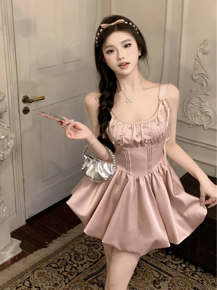 Summer Women Beading A-Line Dress Spaghetti Strap Solid Color Frocks Dress Square Neck Party Tunic Korean Preppy Evening Dresses