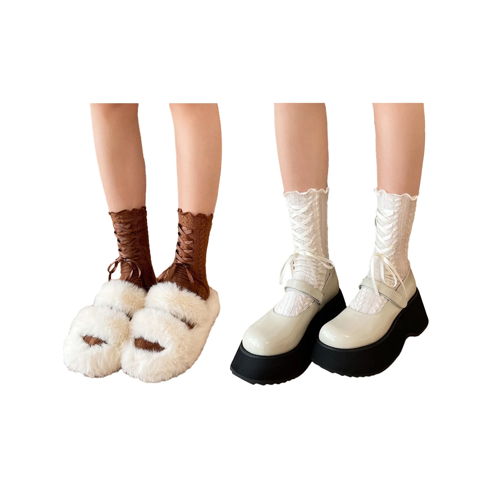 

Twist bow tie mid-calf socks set - 1 pair each of caramel brown and white