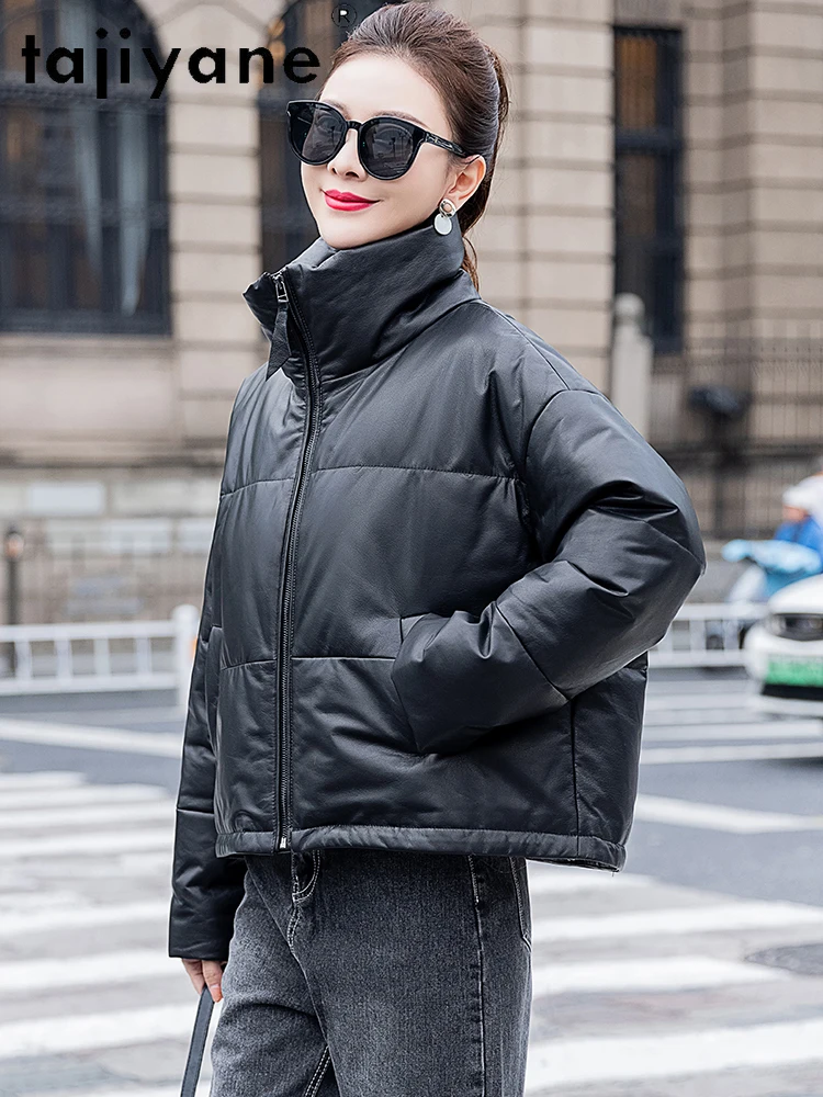 TAJIYANE 100% جلد البقر أوزة أسفل معطف امرأة أنيقة قصيرة سترة منفوخة لوكس سترات من الجلد الطبيعي 2025 ملابس حريمي 신상 Jadiitet