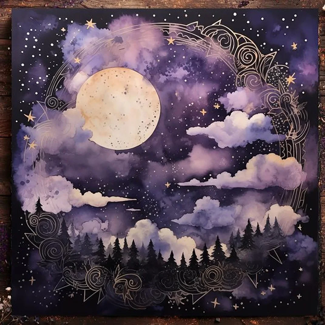 Mystical Moon Phase Forest tablecloth , Purple Starry Sky Witchy Wall Hanging for Bedroom Aesthetic