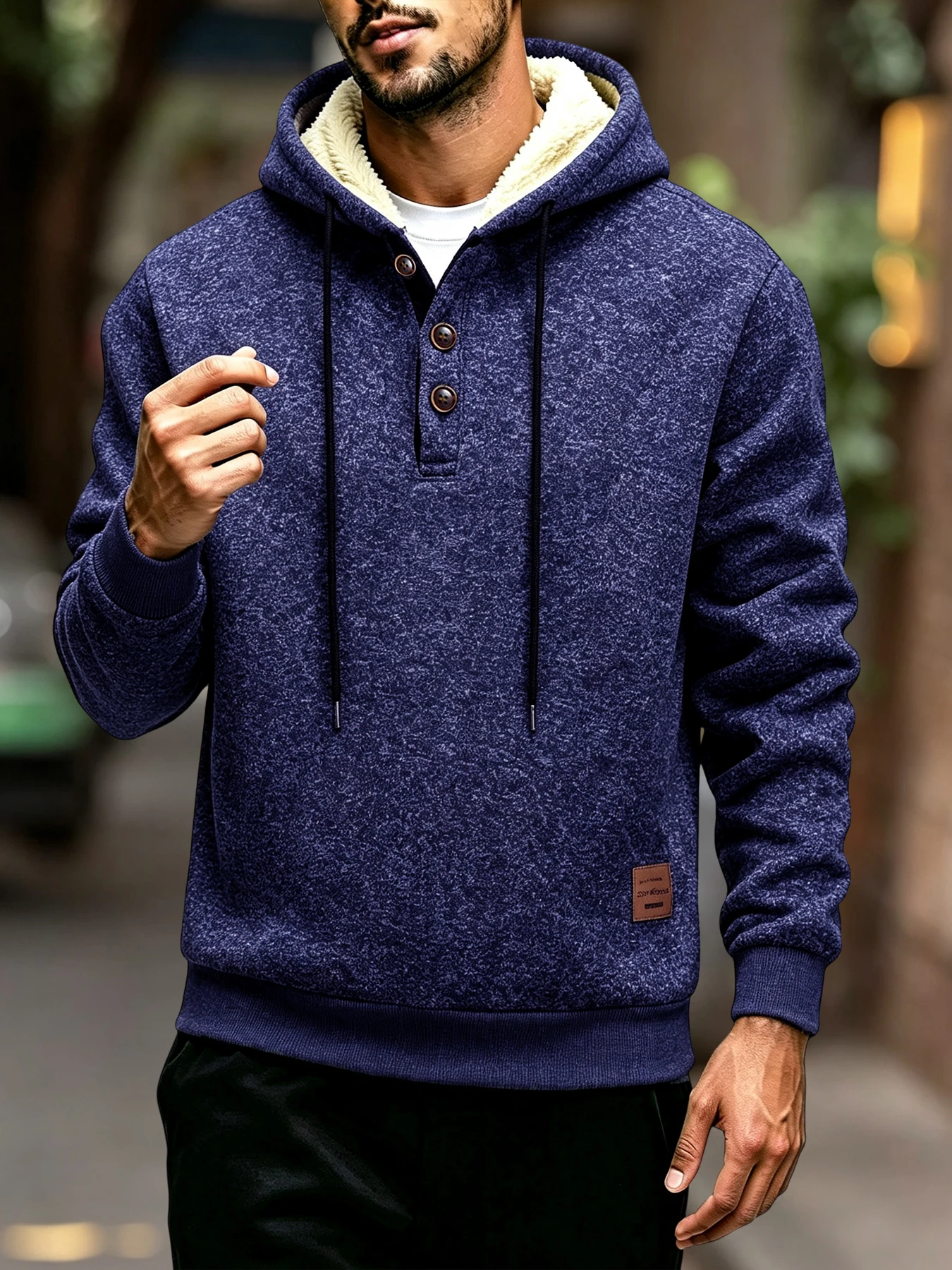 Autumn and Winter Men's Hoodie Henley Neck Fleece Lined Warm Pullover Hooded Sweatshirt 3 Button Casual Streetwear