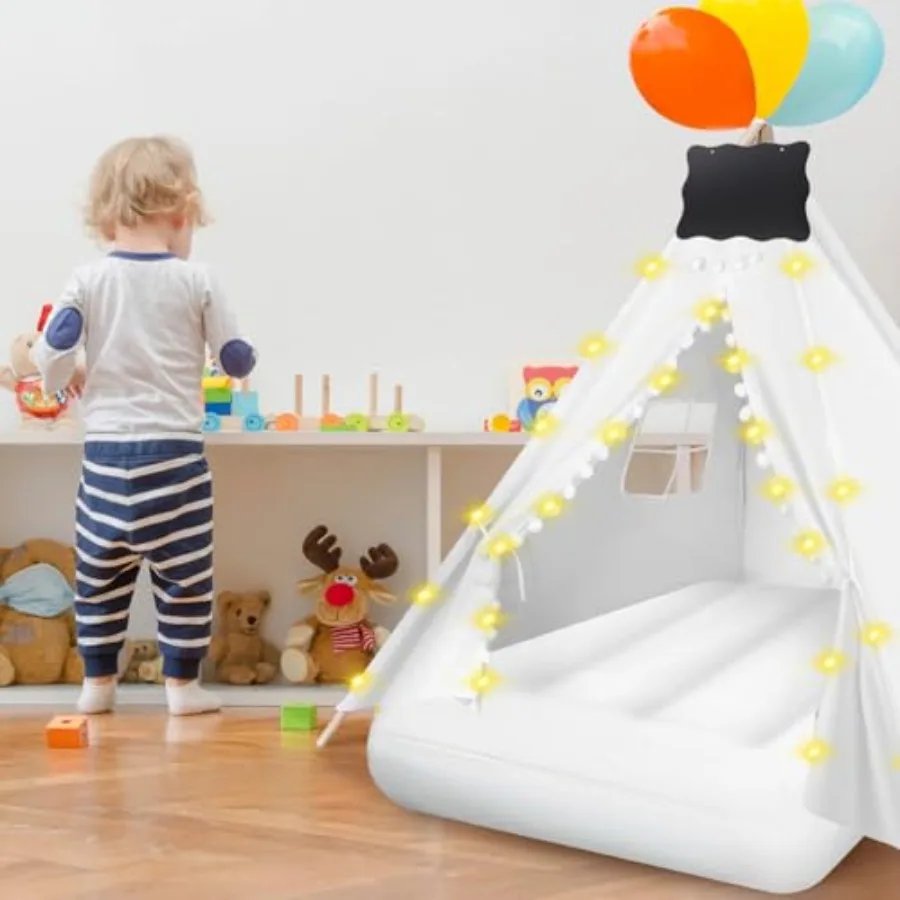 เต็นท์ทีพี 6 ชิ้น พร้อมไฟประดับ เตียงลมเป่าลม ผ้าปูที่นอนแบบรัดรูป และกระดานดำขนาดเล็กสำหรับเด็กชายและเด็กหญิง